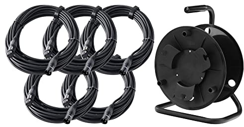 Pronomic Stage XFXM-10 Mikrofonkabel XLR 10m Schwarz 5x Set mit Kabeltrommel - Symmetrisches XLR-Kabel - 5 Kabel à 10m Länge mit Kabeltrommel - Schwarz