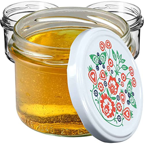 KADAX fi82 - Lot de 10 bocaux à confiture avec couvercle à visser - 235 ml - Petits bocaux à confiture avec couvercle - Idéaux comme cadeau - Motif folklore