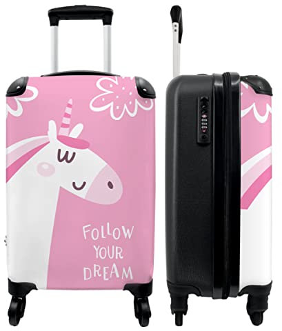 NoBoringSuitcases.com® Koffer Handgepäck - Kinderkoffer Mädchen, Reisekoffer Kinder, Leichtgewicht, 4 Rollen, mit Einhorn rosamotiv, Zahlenschloss, UV-beständig, 55cm-35cm-20cm