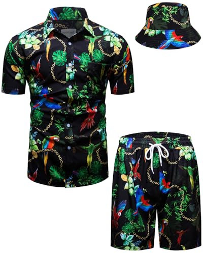 fohemr Herren barock 2-Teiliges Outfit Papagei Golden Chain Muster Schwarz Hemd shorts mit Eimerhut Freizeitanzug Sommer Urlaub Strand set Small