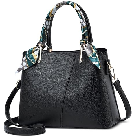 FOLOVEYA Damen Handtasche Mode Frauen Umhängetasche mit Elegant Band Henkeltaschen PU Leder Tote Taschen Klein Shopper Schultertasche für Arbeiten Reisen Schule Dating Schwarz