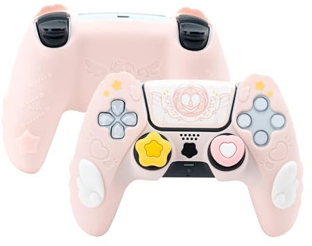GeekShare Niedliches PS5-Controller-Hautgriff-Set, rutschfeste Silikon-Schutzhülle, Joystick-Kappen für PS5 Wireless Controller-Zubehör-Set, Sternflügel (rosa)