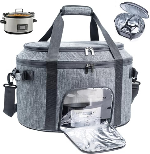 BAGSPRITE Slow-cookers Carrying Bag for 6-8 Quart, Grey, Portable Case with See-through Window & Lid Holder, Insulated, Double Layers, Compatible with Crock-Pot & Hamilton Beach