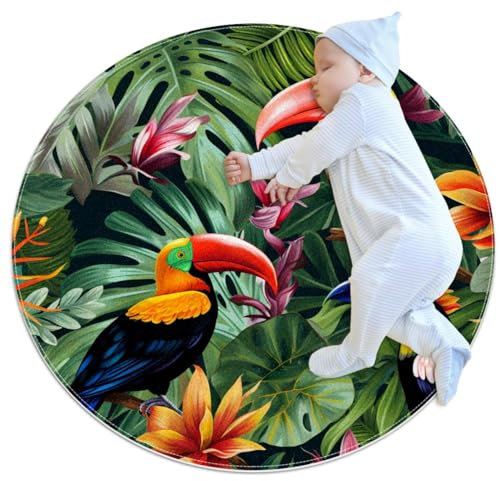 YTYVAGT Teppiche für Wohnzimmer, Teppiche für Schlafzimmer, waschbarer Teppich, tropische Tukan-Papageienblätter, 100 x 100 cm