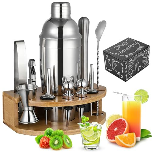 Coctelera de cóctel Kit, juego de camarero de cóctel de acero inoxidable de 12 piezas, profesional kit, coctelera de cóctel de 750 ml con soporte de madera para bar, fiesta, boda, celebración