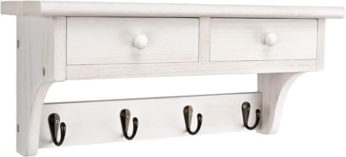Emfogoo Appendiabiti con Mensola, Appendiabiti a Parete, Attaccapanni a Muro con 2 Cassetti e 4 Ganci, stile Moderno in Legno, Appendere Cappelli e Sciarpe, per Corridoio, Ingresso, Soggiorno, Bianco