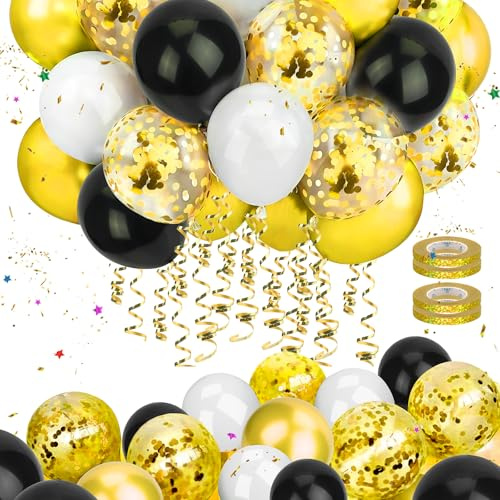 Mbsomnus 60 Stück Luftballons Geburtstag Gold Ballons Hochzeit 30cm Luftballons Metallic Gold Konfetti mit Luftschlangen Schwarz Weiße Helium Latex Ballons für Graduierung Kinder Party Geburtstagdeko