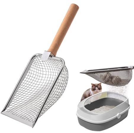 Katzenschaufel Edelstahl für katzenklo,5 mm Porengröße Metall Katzenschaufel,Griff aus Massivholz Katzentoilette Scooper, Cat litter Scoop antihaftbeschichtet Aluminiumlegierung, Kitty Metallschaufel