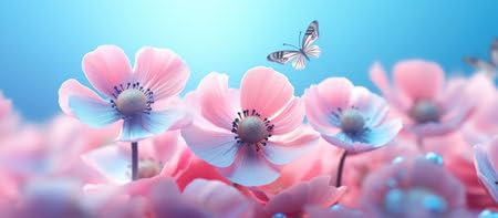 adrium Acryl-Bild 120 x 50 cm: Schöne rosa Blumen, Anemonen, frischer Frühlingsmorgen in der Natur und fliegender blauer Schmetterling auf weichem blauem (212230626)