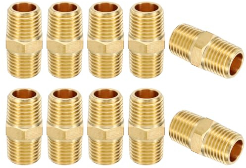 PATIKIL Brass Pipe Fittings Coupler, 10Pcs 1/4 x 1/4 NPT Male Thread Brass Hex Nipple Coupling Reducer Adapter Tubing Connector Adaptor for Water, Air, Oil, Gas Line System