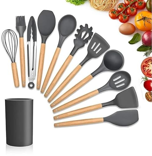 Set de utensilios cocina de silicona 12 piezas juego para cocinar con mango de madera resistentes al calor y Antiadherentes grir