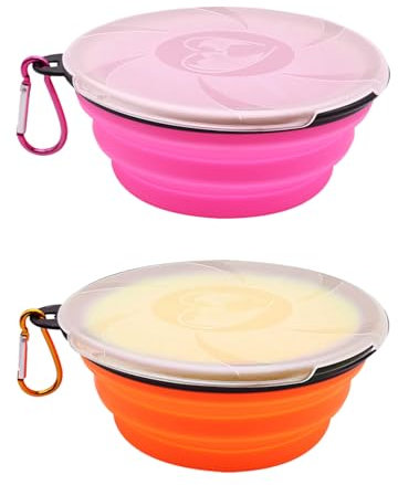 KGDUYC 2 piezas cuencos plegables para perros – Cuencos para perros, cuenco de silicona portátil, para perros con tapa y mosquetón para viajes y senderismo (naranja + rosa)