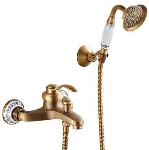 Rubinetto Vasca Da Bagno Miscelatore Vasca Da Bagno Antico Vintage Stile Ottone Monocomando, Rubinetto Doccia Da Muro Con Doccetta E Flessibile Doccia Da 1,5 M, Bronzo