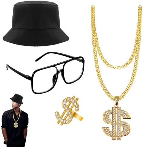 Hip Hop Kostüm Dollar Kette Set - Hip Hop Schmuck Set - Goldener Hut, 80er Jahre Accessoires, Cadena de ORO, Zuhälter Kostüm, Goldkette Fasching, Rapper Ringe Gold
