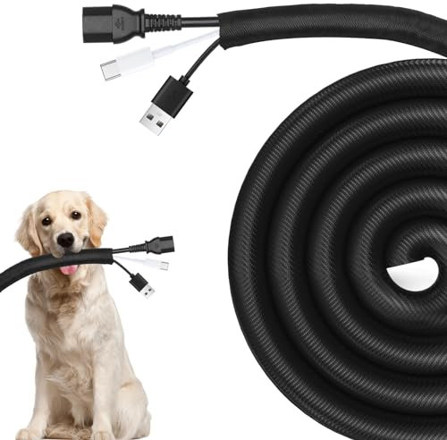 AGPTEK Gaines de Câbles 6 Mètres-13mm, Protecteur de Cordon pour Chien et Chat, Textile Flexible Protection de Câble, Goulotte de Câble à Fermeture Automatique pour Bureau, TV, Ordinateur, PC - Noir