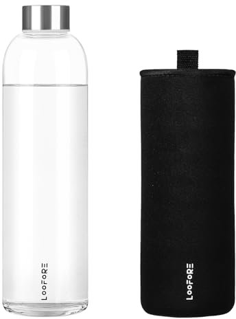 LOOFORE Glass Water Bottles 32 oz, 1 litre / 1000ml Glass Drinking Bottles with Lids, Borosilicate Large Reusable Water Bottle for School Home Office Travel Sport Yoga Gym, 1 Pack