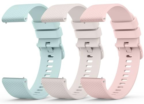 Wanme 3 Pièces 20mm Bracelet de Montre en Silicone, Souple Bracelet de Replacement en Dégagement Rapide avec Boucle en Même Couleur Homme Femme 20mm, Starlight/Rose/Cyan Clair