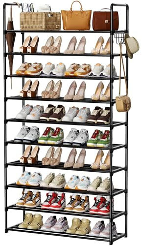SPUSEN Étagère à chaussures en métal, 10 niveaux avec crochets, convient pour 40 à 45 paires de chaussures, étagère à chaussures haute en métal pour placard, entrée, garage, chambre, vestiaire