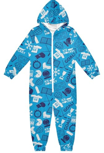 Eishockey Sport Kinder Schlafanzug mit Kapuze für 4–14 Jahre Jungen Mädchen Kinder Loungewear Reißverschluss Nachtwäsche All-in-One Schlafanzug Overall Nachtwäsche, Mehrfarbig 01, 14 Jahre