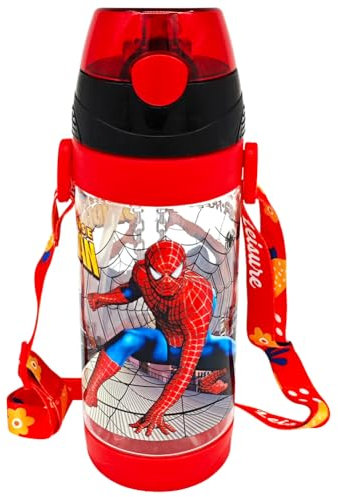 JXBBAAC Spider Gourde Enfant, 550ml Spider Bouteille d'eau avec Paille Bouteille Boissons Anti-Fuites Bouteille d'eau de Sport Réutilisable Gourde avec Poignée Gourde Enfant pour Ecole Maternelle