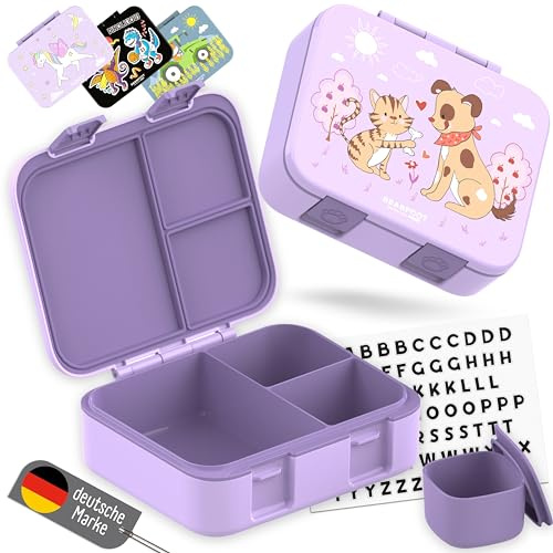 BEARFOOT – Porta Pranzo Bambini Compatta, Lunch Box Bento Box Senza BPA, Portamerenda Scuola con Scomparti, Leggera e Ermetica per Bambini e Bambine (Cane & Gatto Viola, 1.000 ml)