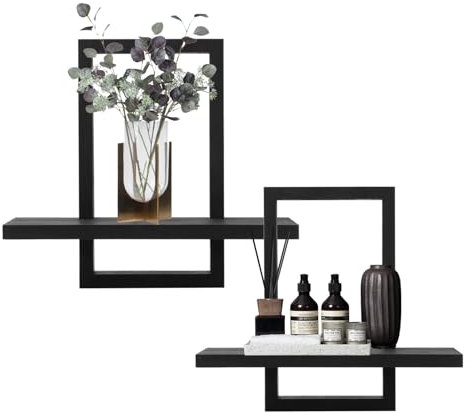 Set mit 2 Wandregalen, Schwebende Regal für die Wand Deko, Wandregal Holz zur Aufbewahrung, Quadratische Bücherregal Wand, Rustikale Wanddeko Hängeregal für Schlafzimmer, Wohnzimmer, Schwarz