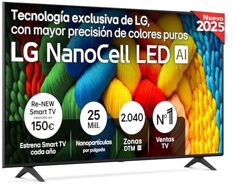 LG 65NANO80A6B - TV 65, 4K NanoCell, Smart TV, LED IA, WebOS 25, Procesador Potente e Inteligente, Super Upscaling, Dolby Digital Plus, Alexa/Google Assistant, Negro
