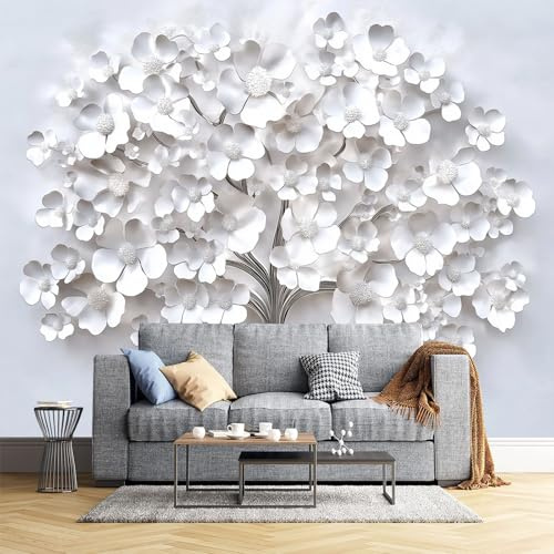 DLERFLOVR Papier Peint Panoramique Arbre À Fleurs Blanches,Matériel de Soie, Papier Peint 3D Géant Arbre De La Vie Pour Salon Chambre Décoration Murale
