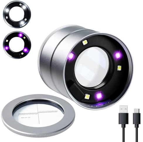 10 x LED-Schmucklupe, wiederaufladbar, 30 mm Skala, Lupe mit LED- und UV-Licht, tragbare Lupe für Edelsteine, Münzen und Diamant-Inspektion, Stempel, Juweliere, Sammler und Hobbyisten