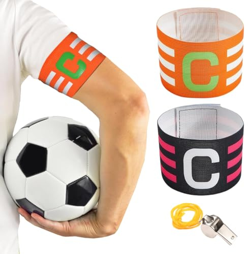 VAEIORP 2 PCS Fußball Kapitänsbinde Sport Spielführer-armbinde Elastic Klettverschluss Armbinden für Erwachsene mit einem Pfiff (schwarz, orange)