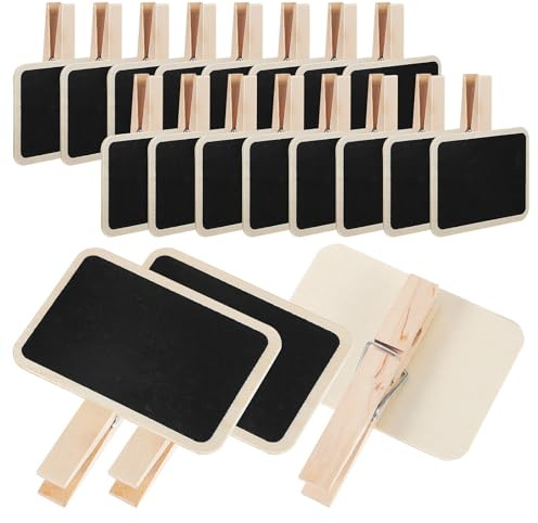 COMPUKAS Lot de 20 Mini Tableaux Noirs Carrés Pinces en Bois, Format Compact 7,2 X 6,8 X 4,8 Cm, Étiquettes Réutilisables pour Buffet, Restaurant et Fête, Panneau D’affichage Polyvalent