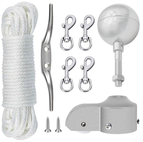 Kit di ripristino per asta della bandiera con sfera con finitura argento, sistema di puleggia, corda in nylon, tacchetto di montaggio e connettori multipli a gancio