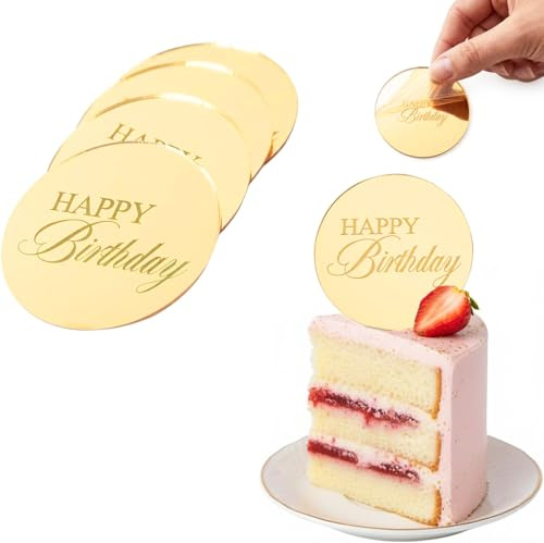 24Pcs Cupcake Toppers,5cm Gold Mirror Acrylic Happy Birthday Cake Topper Disc,Personalised Cupcake Toppers,Round Gold Cake Decorations Acrylic Cake Topper for DIY Birthday Party Anniversary Pastries