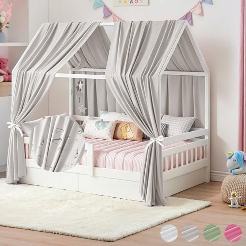 Hausbett Himmel, 2PCS Betthimmel Hausbett, Musselin himmelbett vorhänge, Hausbett Vorhang für Hausbetten, Kinderzimmer Deko Stoffhimmel für Mädchen Jungen Baldachin Kinderbett (H350 x B135CM, Grau)