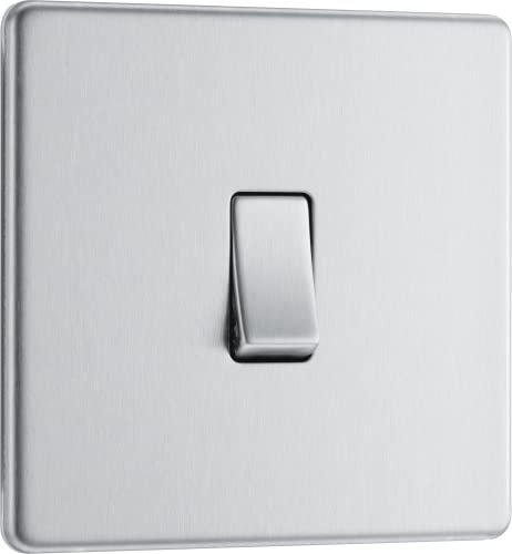 BG Electrical Single Wall Light Switch, 2 Way, Screwless Front Plate, Slim Profile, Premium Flatplate, Brushed Steel, 20A, 16AX, FBS12