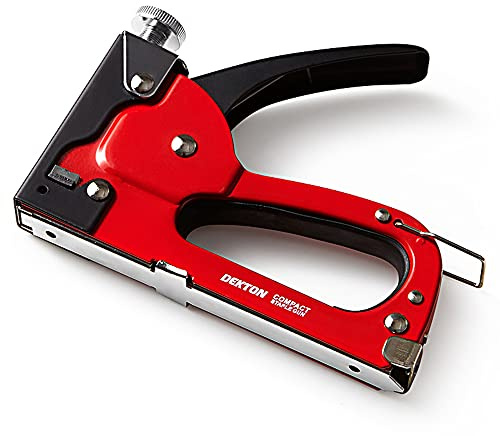 Dekton Compact Staple Gun-Durable Steel Body With Impact Adjuster| Handle Lock For Safety| One Handed Operation| Compatible With Arrow Style Jt21| Fits: 4mm-8mm| Includes Built In Stapler, 100 Staples