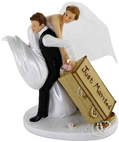 Tortenaufsatz, Tortenfigur, Dekofigur Brautpaar Hochzeitspaar Wedding Hochzeit Trauung Hochzeitstorte Cake-Topper (Just Married mit Koffer)
