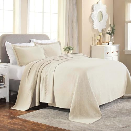 Superior Couvre-lit 100% Coton tissé avec taies d'oreiller, literie Jacquard en Coton de qualité supérieure, Aspect matelassé à Motifs géométriques, lit Simple, Ivoire