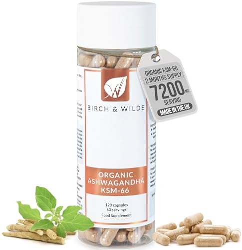 Ashwagandha Organic 7200 mg KSM 66 Capsules High Strength - 2 Months Supply - Ayurveda Stress Relief, Improved Sleep, Memory & Cognitive Function - Vegan Herbal Supplements for Women & Men, UK Made