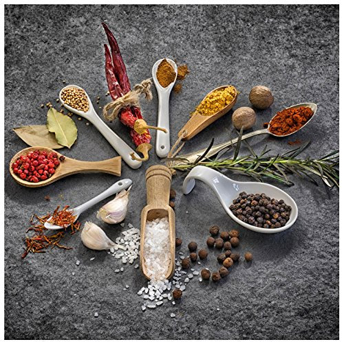 levandeo Glasbild 30x30cm Gewürze Kräuter Küche Küchenbild Löffel Wandbild Wanddeko