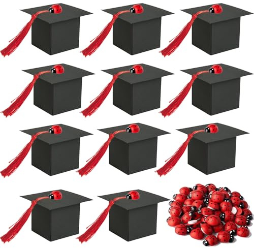 50 Pezzi Bomboniere Laurea Scatoline Confetti Laurea di Cappello in Kraft con 50 Ciondoli Coccinella 50 Nastri Rossi