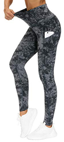 THE GYM PEOPLE Thick High Waist Yoga Pants with Pockets, Tummy Control Workout Running Yoga Leggings for Women (Small, Gray-Marble)