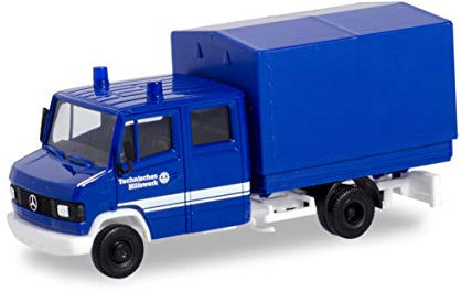 Herpa Modellauto Mercedes-Benz T2 Doppelkabine mit Plane THW LKW Transport Fahrzeug, Trucks, Blauer Miniatur Auto, Modellbau, Miniaturmodelle, Sammlerstück, Kunststoff - Maßstab 1:87, Mehrfarbig