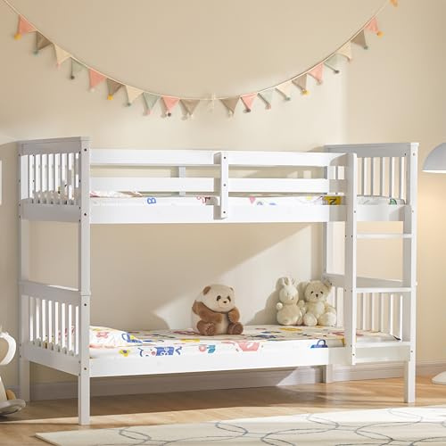 Vida Designs Milan Single Bunk Bed Frame | White | Solid Pine Wood | 3ft | Ladder | Twin-Sleeper Design & Guard Rails | Easy Assembly | Versatile | Children Bedroom Furniture