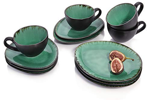 Sänger | Kaffeeservice Palm Beach aus Steingut 12-teilig, Kaffee Geschirrset für 4 Personen, Tassen, Untersetzer, Dessertteller, erweiterbar | PREMIUM COLLECTION