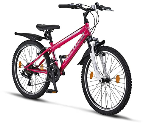 Chillaxx Bike Escape Premium mountainbike 24 och 26 tums cykel för flickor, pojkar, män och kvinnor – 21 växlar (24 tum, rosa-vit, V-broms)