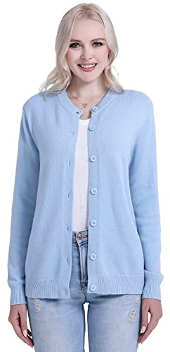 SMILING PINKER Damen Strickjacke Cardigan Basic Rundhalsausschnitt Strickmantel mit Knopf
