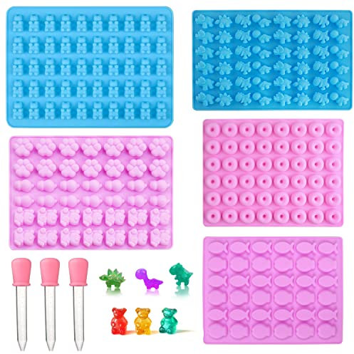 FAURAPMNG 5 Stück Gummibärchen Silikonformen für Süßigkeiten, Mini-Bär, Dinosaurier, Donut, Katze, Pfote, Fisch, antihaftbeschichtet, Süßigkeitenformen mit 3 Pipetten, niedliche