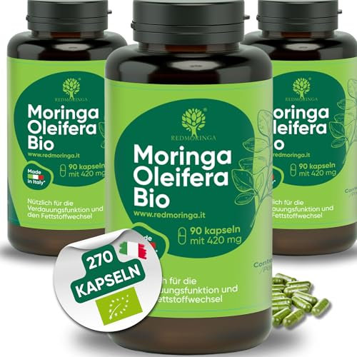 RedMoringa Integratore Moringa Oleifera Biologica - 100% Naturale | Moringa in Capsule Vegetali | per Digestione e Pancia Piatta | Fonte di Vitamine, Minerali e Proteine - 270 Capsule - Made in Italy