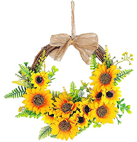 35cm Sonnenblume Haustür Türkranz Frühling, Herbst Ahornblatt Kranz mit Beeren Grüne Blätter Tannenzapfen Ahorn Blätter Tischkranz Türdeko für Muttertag Hochzeit Gold